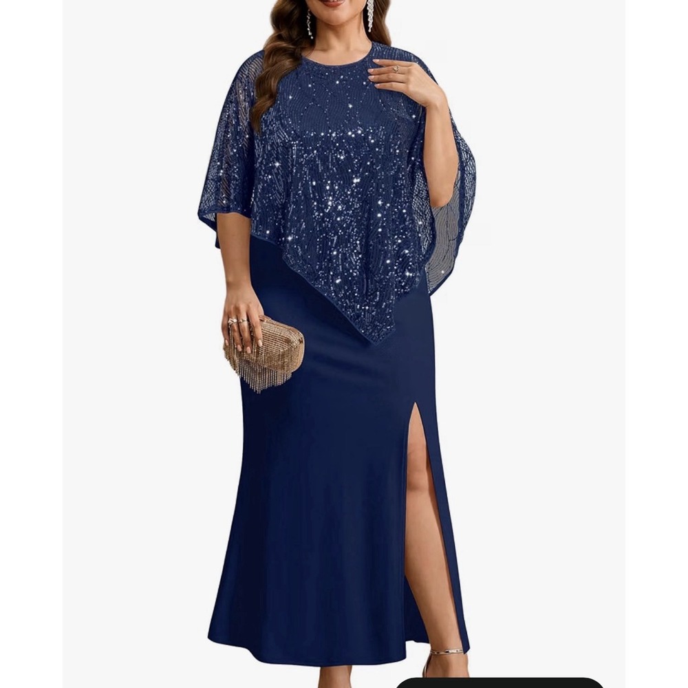 Navy Mother of the Bride Dress Elegant Formal sequin asymmetrical 20W Stretch